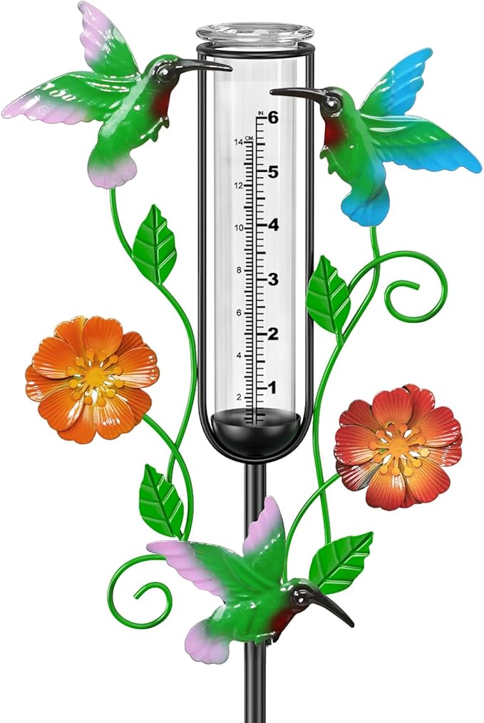 35.4” Hummingbird Rain Gauge Outdoor, Metal Rain Gauges Stake with 6“ Glass Tube, Decorative Rain Gauges for Yard Garden Lawn for Precipitation Measurement