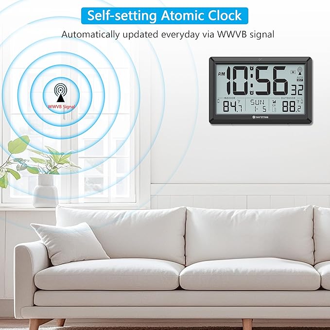 Atomic Clock Wall with Indoor/Outdoor Temp, Battery Operated Digital Wall Clock with 10.5" Large LCD Display, 330ft Range Desk Table Clock with Alarm, DST, Calendar for Living Room Bedrooms, Black