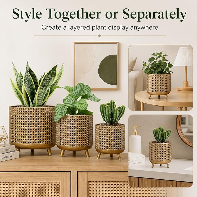 JHY DESIGN Set of 3 Plant Pots 10/8.5/7''H Metal Decoration Flower Pots with Hollow Design Large planters for Indoor & Outdoor Garden Home Balcony Railing Fence Plants(Gold)
