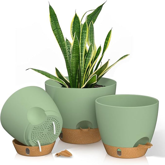 12/10/9 Inch Self Watering Pots for Indoor Outdoor Plants, Set of 3 Large Plastic Planters with Visual Water Window, Drainage Holes & Watering Lip, Modern Decorative Flower Pots (Green)