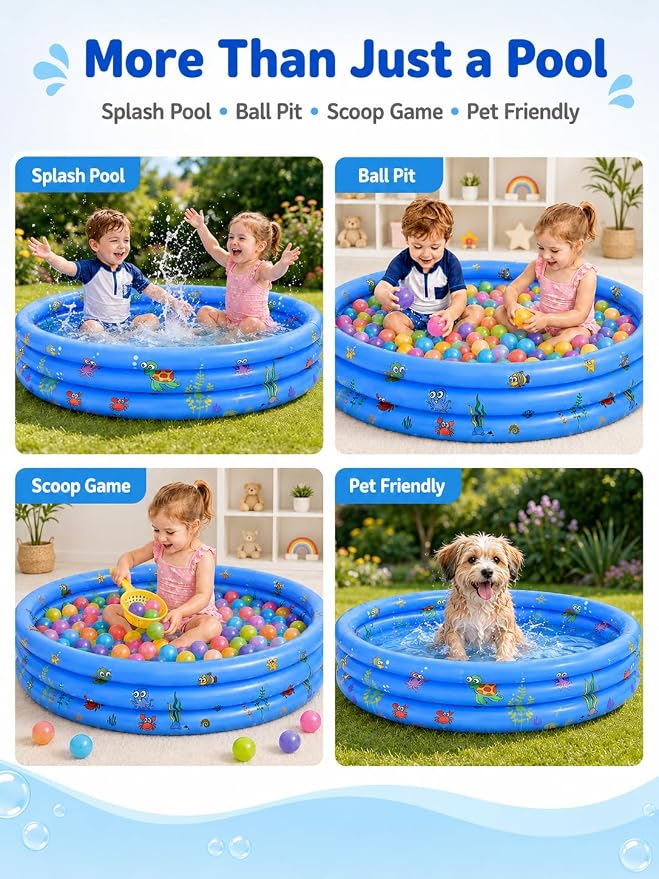 Inflatable Kiddie Pool for Baby with Bubble Bottom, 48"*12", Blue | Toddler Pool with Drain Plug, 3Ring Kids Pool for Summer Play, Flodable,Beach, Backyard, Indoor Ball Pit Play