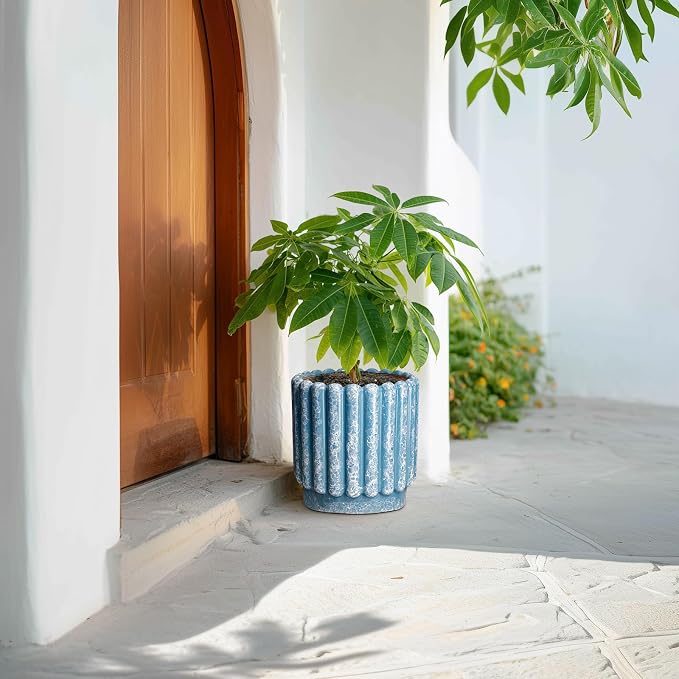 Ceramicfor Ceramic Planter, 9.6 Inch, Blue | Drainage Hole, Fluted Decorative Round, Indoor & Outdoor Plants, Front Door Decor, Housewarming Gifts