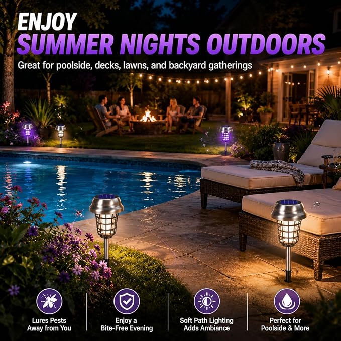 2026 Mosquito Repellent Outdoor Patio Solar Bug Zapper Outdoor Mosquito Zapper for Moths,Gnats,Flies,Small Flying Insect,Gnat Killer for Vegetable Beds,Electric Fly Zapper for Backyard,Garden 4Pack