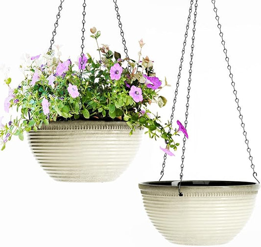Vanslogreen 2 Pack Hanging Planters for Indoor Outdoor Plants, 10 Inch Hanging Planter with Drainage Hole & Plug Glazed Hanging Baskets Flower Pots for Garden Home (Off-White)