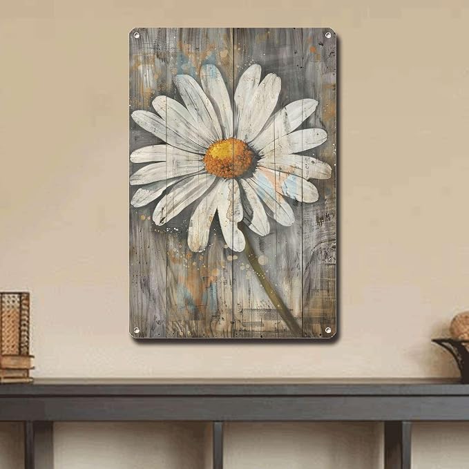 Metal Sign Tin Sign Vintage Wall Art Rustic Reminiscence Daisy Tin Sign for Easy Installation Weather Resistant Design and Vintage Ele Boho Bedroom Decorations for Home Decor 12×16 Inches