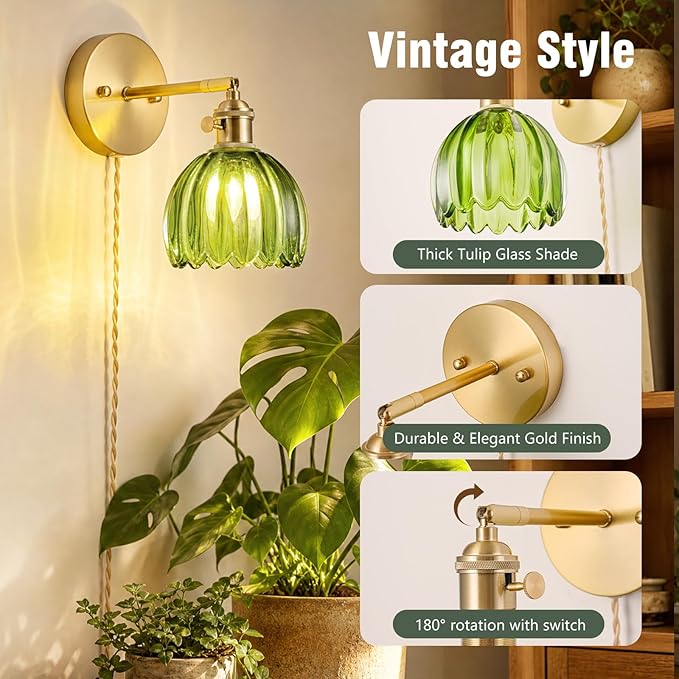 Wall Mounted Grow Lights for Indoor Plants with Vintage Tulip Glass Shade, Switch and Power Cord, Decorative Hanging Plants Light for Growing