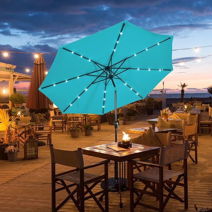HAPPYGRILL 10FT Patio Umbrella with Lights Outdoor Solar Powered Sunbrella with Tilt Crank Umbrella for Garden Poolside Backyard Beach