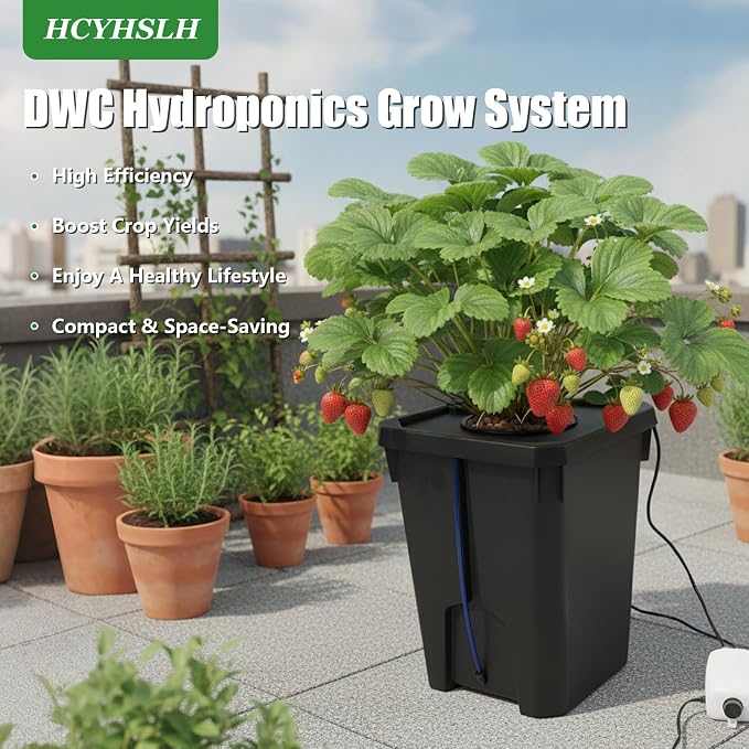 DWC Hydroponics Grow System 7.13 Gal Deep Water Culture Kit Auto Irrigation Sets w/8W 110V Air Pump, 12inch Bucket, Flippable Inspection Cover, for Indoor Gardening Vegetables (1 Buckets+7.13 Gal)