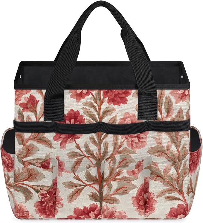 Garden Tote Bag with 10 Pockets Vintage Flowers Heavy Duty Gardening Bags for Tools Organizer Storage Bag with Handle for Garden Lawn Yard Casual