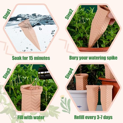 Terracotta Watering Spikes, 4 Pack Plant Watering Devices Self Watering Spikes Vacation Clay Watering Stakes Garden Plant Watering Globes for Indoor & Outdoor Plants