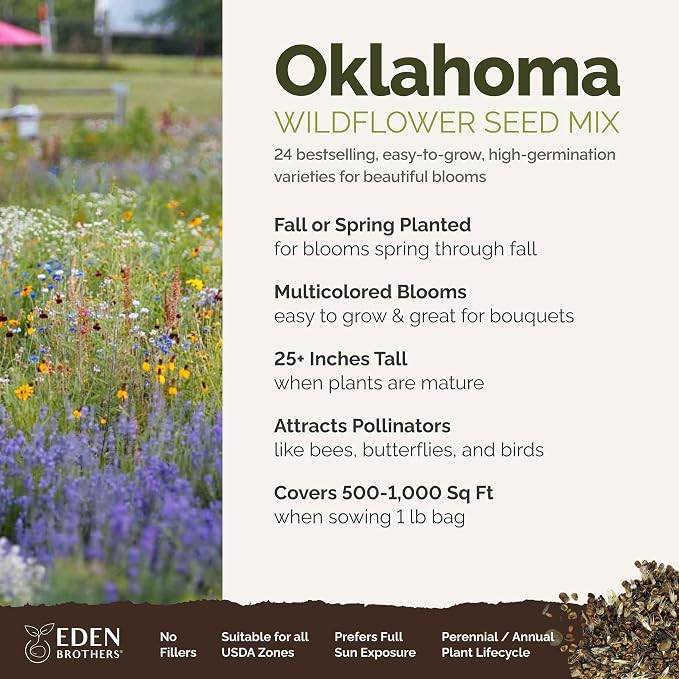 Eden Brothers Oklahoma Wildflower Mixed Seeds for Planting, 1 lb, 480,000+ Seeds with Lupine, WallFlower | Attracts Pollinators, Plant in Spring or Fall, Zones