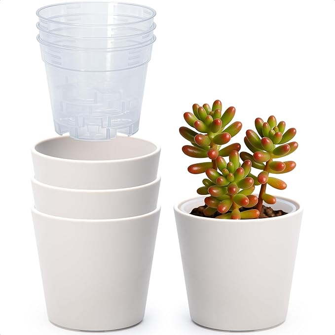 Phoenix Vine 4.5 Inch Oatmeal Plastic Cachepot with Clear Nursery Pot, Decorative Lightweight Planter Cover with Transparent Inner Pot for Indoor Houseplants, Pack of 4, 24-B-G-4