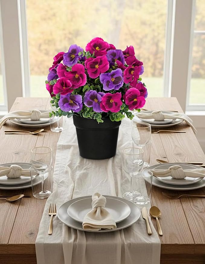 Briful Pansy Artificial Flowers, 13.7’’ Realistic Faux Pansy Flower in Black Pot, Fuchsia Fake Flowers for Indoor Outdoor Decor, Farmhouse Table Decor, All Seasons Flowers for Home Dining Porch Décor