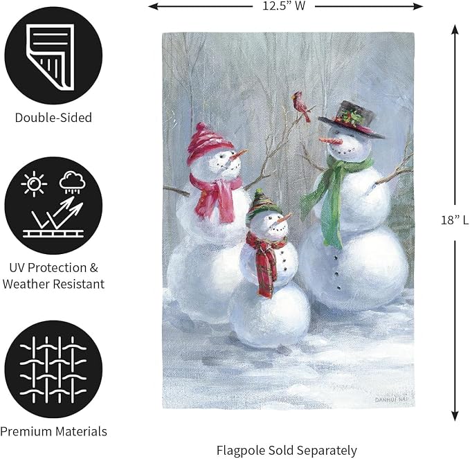 Evergreen Flag Snowman Family Lustre Garden Flag 12x18 Inches Double Sided | Christmas Garden Flag for Outside | Weather and Fade Resistant | Outdoor Flag For Yards and Gardens