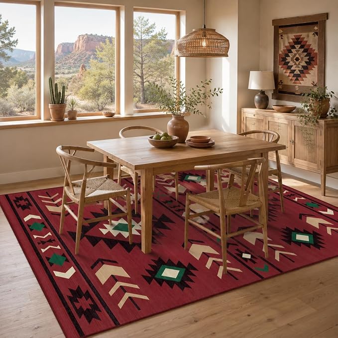 Area Rug 5x7 Western Rug Living Room Southwestern Aztec Tribal Rugs Southwest Navajo Machine Washable Non-Slip Printed Low-Pile Floor Carpet for Bedroom Dining Room Office, Red