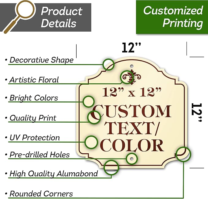 Custom Sign, Customized for Outdoor/Indoor Use, Personalized Designer Style Sign, 12x12 Inch, 24 Colors, Rust-Free Thick AlumaBond - Made by: My Sign Center, USA (Florolex II - Contour)