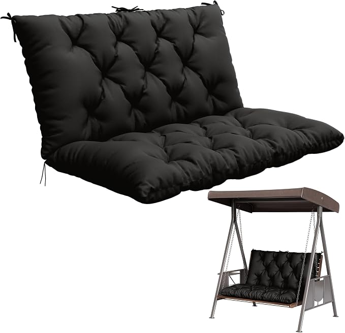 Porch Swing Cushion with Backrest,Waterproof Bench Cushion for Outdoor Furniture,2-3 Seater Replacement Thickened 5 in swing cushion,with Ties,Patio,Outdoor,Backyard and Garden (Black,40x40 in)