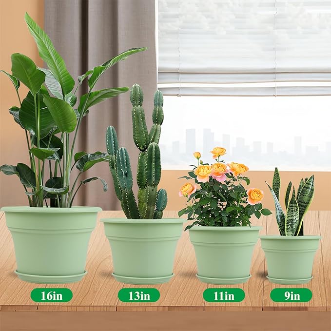 Pottiffe 13 Inch Plastic-Flower-Pot-for-Indoor-Plants, 4 Pack Large Outdoor Planter Pot with Drainage Holes & Saucers, Resin Decorative Garden Pots Planters