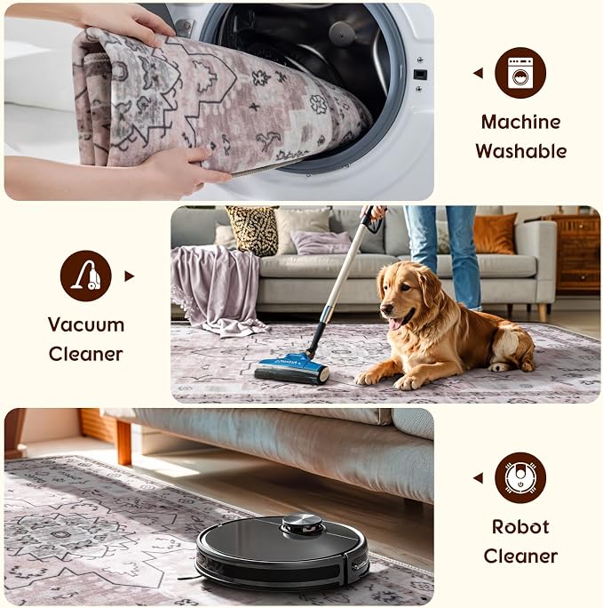 LBRO2M Machine Washable Rug Soft Pet Friendly Carpet 5X7 Pink | Persian Rug 5X7 for Living Room, Bedroom, Dining Room, Home Office, Non Slip Carpet, Foldable Stain Resistant Rugs