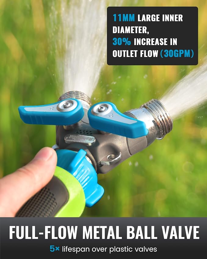 RAINPOINT Garden Hose Splitter 2 Way Heavy Duty,Water Hose Y Spigot Splitter with Shutoff Valves, 100% Metal Body Outdoor Spigot Splitter, 1.9" Extra Long Metal Handle, 3/4" GHT Thread(Blue)