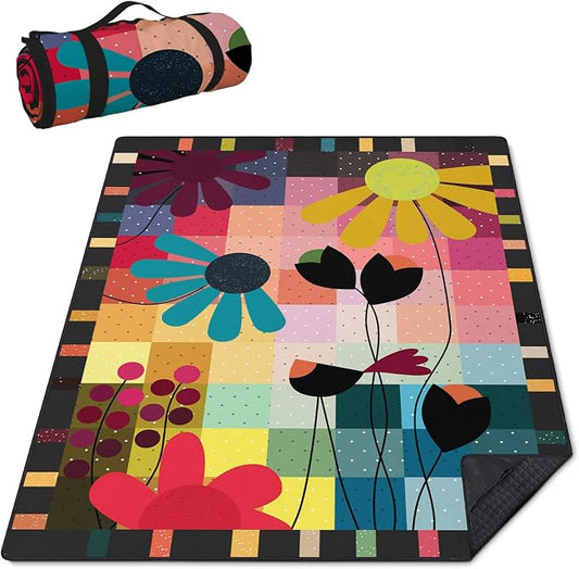 Abstract Floral Picnic Blankets Waterproof Foldable, 80″X80″ Thick Three Layer Picnic Mat Outdoor Blanket for Grass, Large Beach Blanket Sandproof Picnic Accessories for Camping Park Hiking
