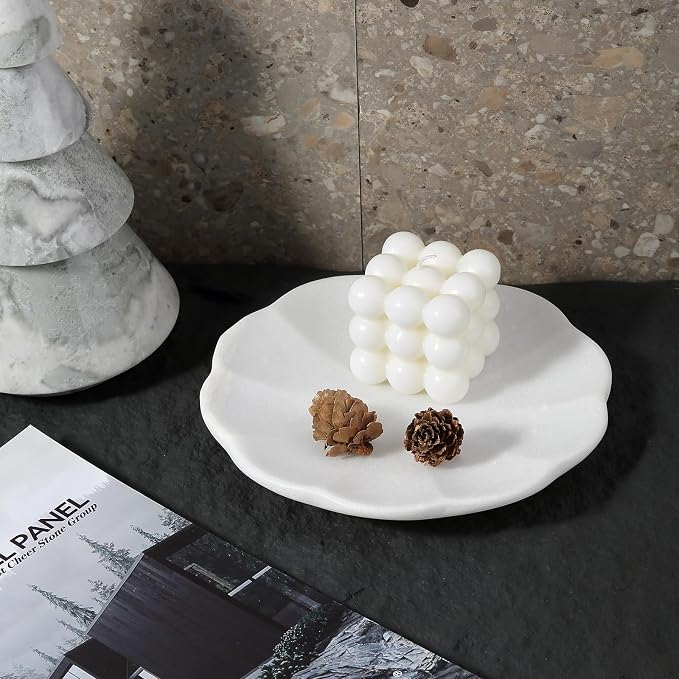 Koville Marble Tray, 8" Round Scalloped Marble Vanity Tray for Jewelry Trinket Perfume, Natural Stone Tray for Bathroom Kitchen Dresser Countertop, Decorative Catchall Tray Home Decor(White)