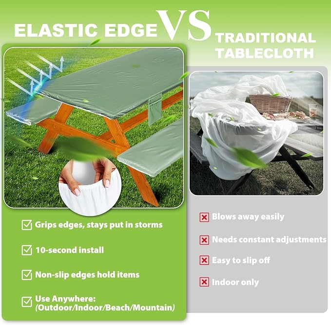 Wrakus Picnic Table Cover with Bench Covers Vinyl Elastic Edges Fitted Rectangle Seat Tables Waterproof 3-Piece96X30in Set Outdoor Rectangular Folding Backing Tablecloth for Camping Over Size