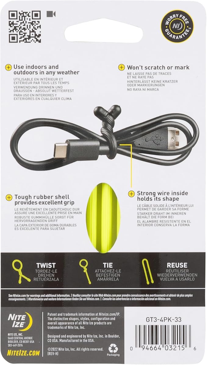 Nite Ize GT3-4PK-33 Original Gear Tie, Reusable Rubber Twist Tie, 3-Inch, Neon Yellow, 4 Pack, Made in the USA