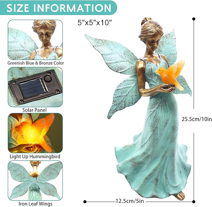 Solar Fairy Garden Statue Decor - 10 Inch Angel Girls Resin Figurine Waterproof Home Decoration with Hummingbird LED Lights for Bedroom Balcony Table Yard Patio, Gifts for Women Mom Birthday