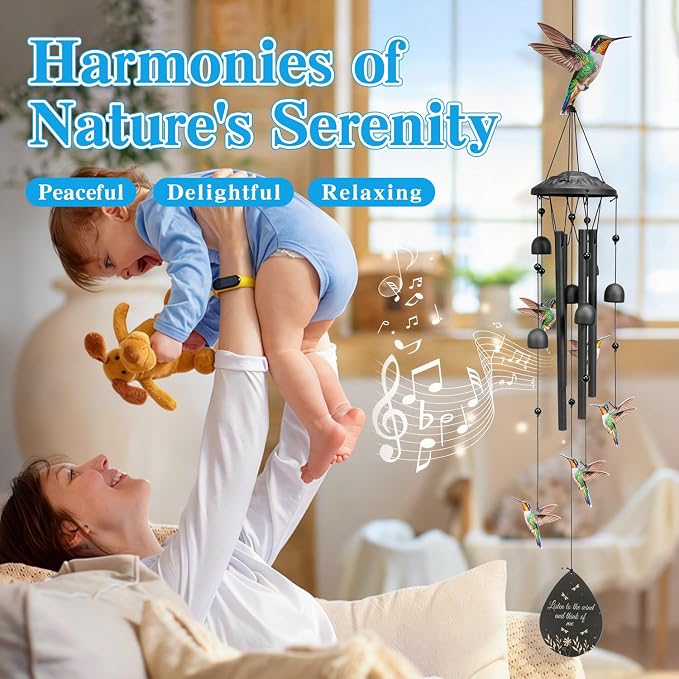 Hummingbird Wind Chimes Outdoor Durable Metal Windchimes Garden Patio Decor | Hummingbirds Gifts for Women/Men, Garden/Yard Decor, Memorial/Birthday Gifts for Grandma/Mom, Birds Chimes for Outside
