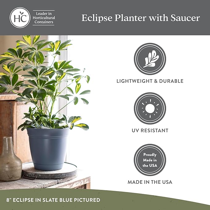 The HC Companies 20 Inch Eclipse Round Planter Pots with Drainage Holes & Attached Saucer, Lightweight UV-Resistant Plastic Indoor & Outdoor Planters, 2-Pack Flower Pots, Garden Home Decor, Warm Gray