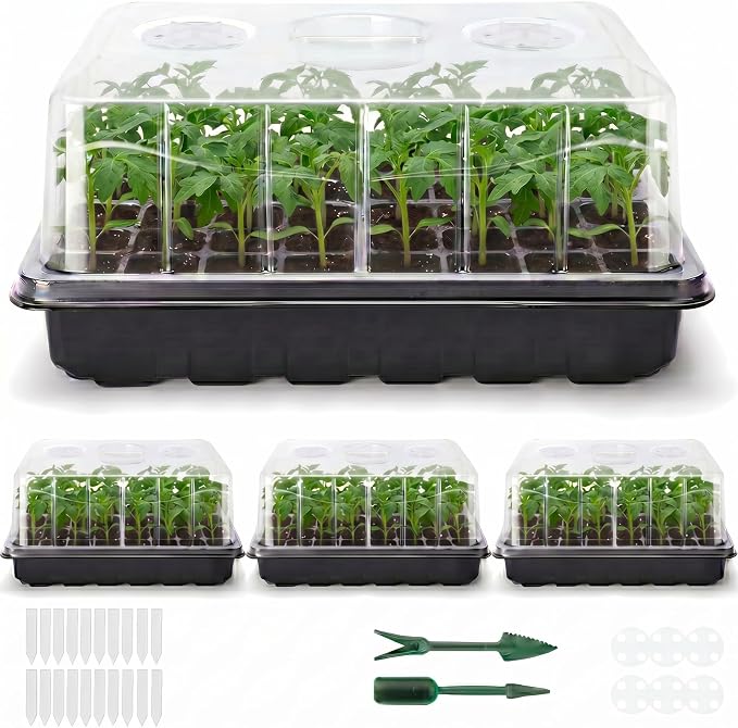 Delxo 144 Cells Seed Starter Kit 3 Pack Large Seedling Starter Tray Total with Humidity Domes - Adjustable Vents & Deep Base Germination Kit for Indoor Gardening - Includes 10 Tags & Tools