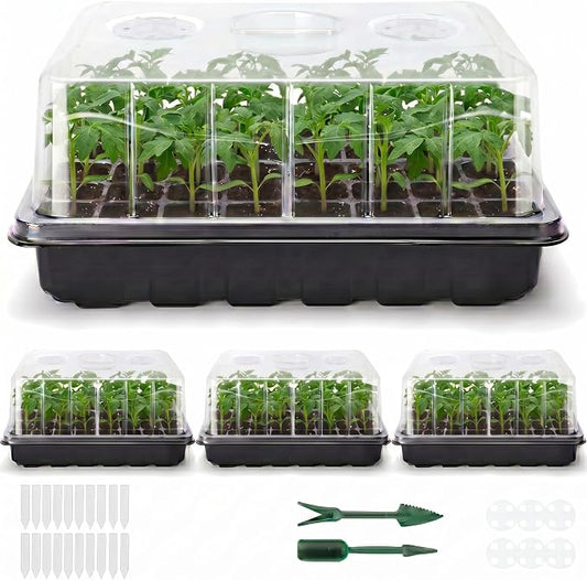 Delxo 144 Cells Seed Starter Kit 3 Pack Large Seedling Starter Tray Total with Humidity Domes - Adjustable Vents & Deep Base Germination Kit for Indoor Gardening - Includes 10 Tags & Tools