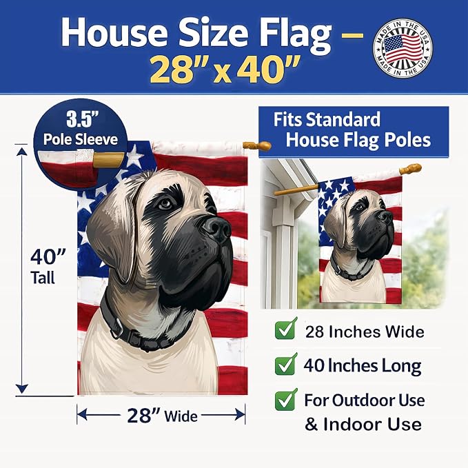 Caroline's Treasures CK6513CHF English Mastiff Dog American Flag House Flag Large Porch Sleeve Pole Decorative Outside Yard Banner Artwork Wall Hanging, Polyester, House Size, Multicolor
