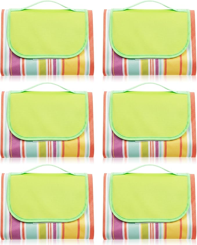 Shellwei 6 Pcs Beach Blankets Waterproof Sandproof Extra Large 80 x 60 Inch Outdoor Picnic Blankets Foldable Portable Beach Mat Tote Travel Supplies for Camping Park Grass(Rainbow Stripes)