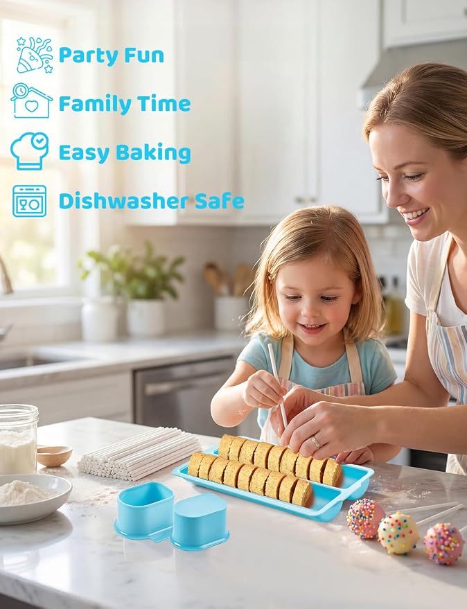 Cake Pop Mold Kit, Including Circle Cake Pop Cutter, 9 Inch DoubleTray, Cake Pop Stand, Lollipop Sticks, Clear Treat Bags and Gold Twist Ties for Home Desserts Baking Accessories, Blue