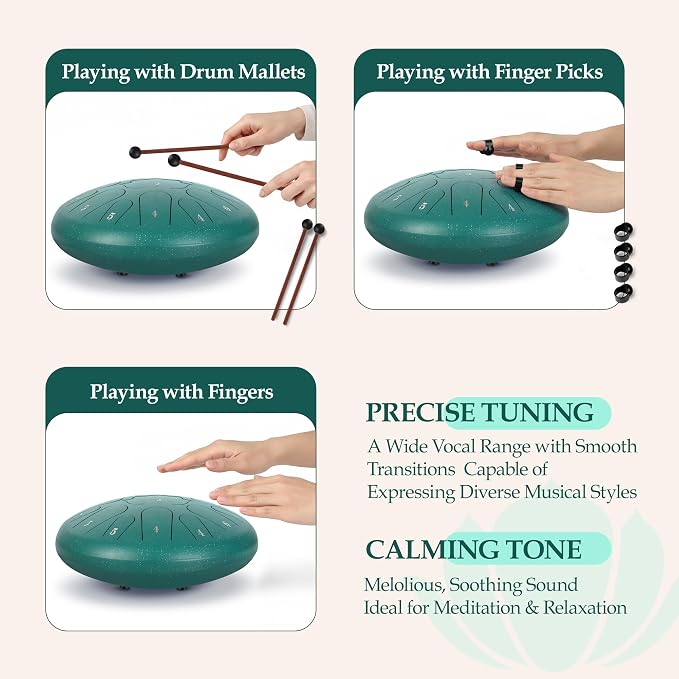 Handpan Drum, 15 Notes 12 Inch Steel Tongue Drum with Music Book Tongue Drums Gift Rain Drum Mallet, and Carry Bag(Malachite, 12 Inch)