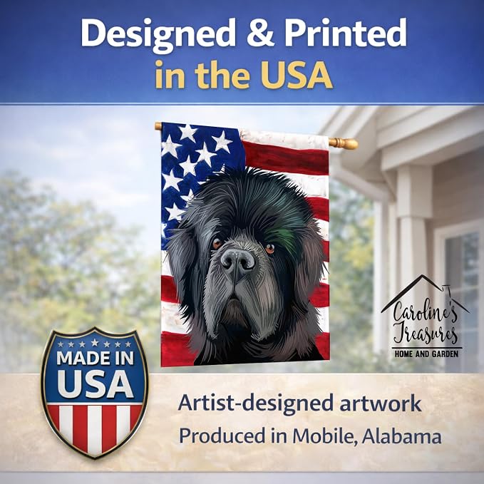 Caroline's Treasures CK6626CHF Newfoundland Dog American Flag House Flag Large Porch Sleeve Pole Decorative Outside Yard Banner Artwork Wall Hanging, Polyester, House Size, Multicolor