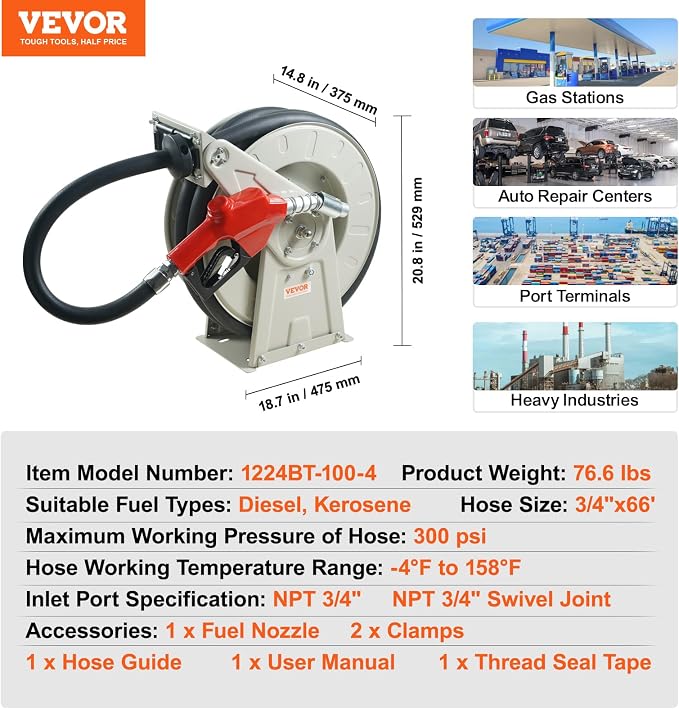 VEVOR Fuel Hose Reel, 3/4" x 66', Extra Long Retractable Diesel Hose Reel, Heavy-Duty Carbon Steel Construction with Automatic Fuel Nozzle, NBR Rubber Hose for Aircraft Ship Vehicle Tank Truck, 300PSI