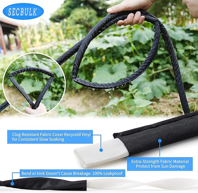 Secbulk 2026 Flat Soaker Hose 25 ft with Stakes for Garden, 25ft Linkable Drip Hose Diy Garden Irrigation System Saving 80% Water, Dual-layer Leak-free Design Water Hose with Holes