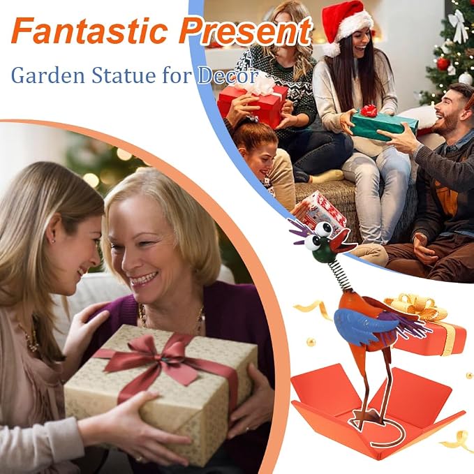 Metal Wacky Rooster Garden Statue for Patio, Backyard, Lawn | 16.54'' Rooster Decor, Yard Statue Decorations Outdoor, Chicken Yard Art, Yellow & Blue