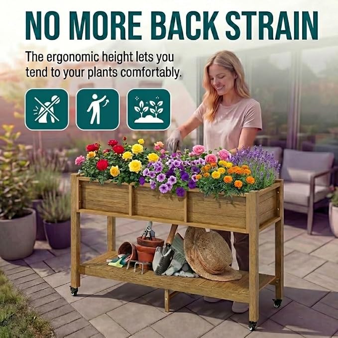 YITAHOME Raised Garden Bed HDPE, 47x18x31In Raised Flower Bed Poly-Wood Weather-Resistant Elevated Planter Box with Lockable Wheels & Storage Shelf for Vegetable Flower, Brown