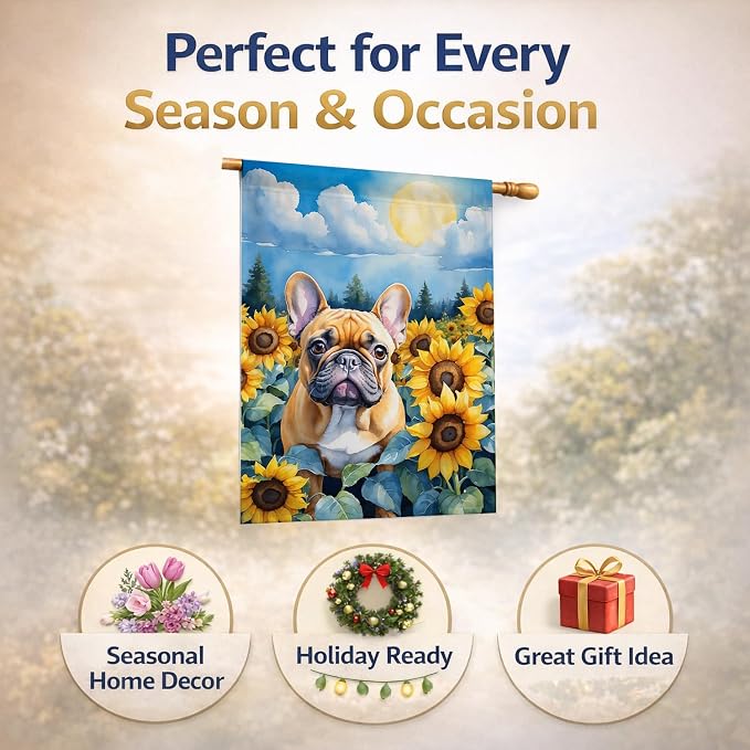 Caroline's Treasures DAC6080CHF French Bulldog in Sunflowers House Flag Large Porch Sleeve Pole Decorative Outside Yard Banner Artwork Wall Hanging, Polyester, House Size, Multicolor