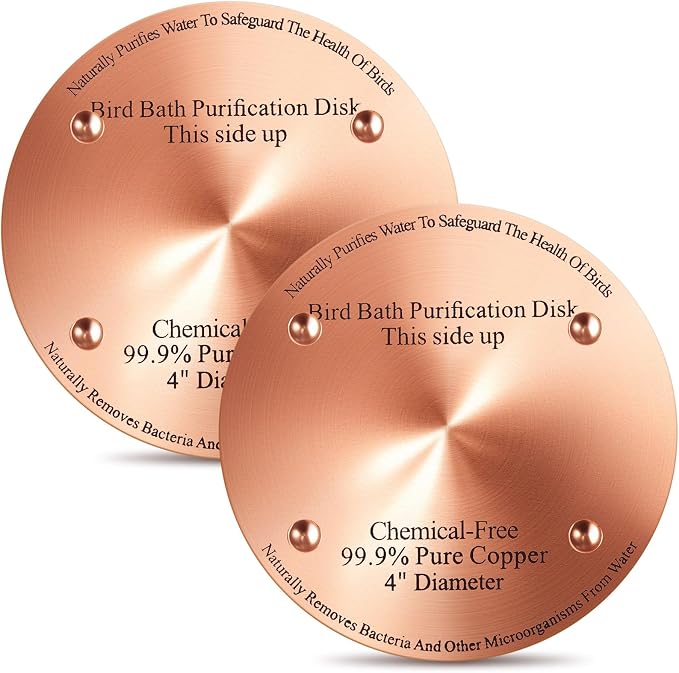 MorningRo 2 Pcs 4'' Bird Bath Copper Disk, 0.6mm Thick Reinforced 99.99% Pure Copper Disc birdbath Purification Disc, with 4 Point Support for Outdoor Birdbaths Bowls Cleaner (Classic)