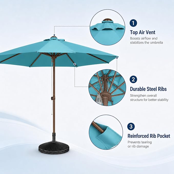 9FT Patio Umbrella, Outdoor Table Umbrella with Rope Pulley Lift, 3 Adjustable Heights, Market Umbrellas for Backyard, Pool and Deck, UPF50+