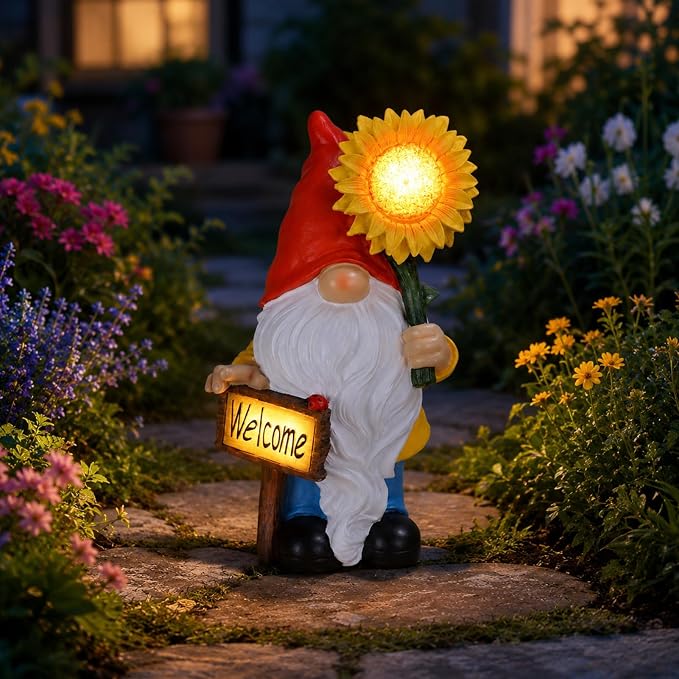 Solar Garden Gnome Outdoor Statue, 11.8" Resin Outdoor Gnome Garden Decor with Lighted Sunflower and Welcome Sign for Yard Patio Porch Lawn Decorations, Garden Gifts for Housewarming and Festivals