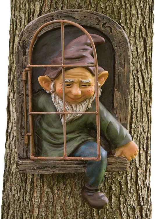 Bits and Pieces Elf Out the Window Yard Decorations Outdoor Tree Faces, 12 Inch Tree Hugger Whimsical Yard Decor, Elf, Fairy, Gnome Garden Decorations, Fun Garden Art