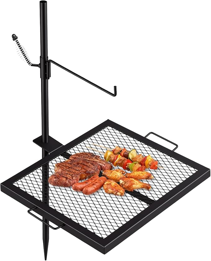 18.5"x16.4" Campfire Grill Grate, Heavy Duty Over Open Fire Cooking Grate with Adjustable Height & 360° Swivel, Portable Foldable BBQ Rack for Outdoor Camping, Tailgating & Patio