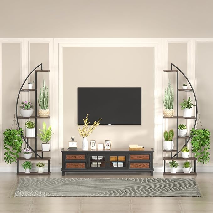 Plant Stand Shelf Indoor with 6 Grow Light, 7 Tiered 65" Tall Black Large Half Moon Lighted Plant Rack Holder, 2 Pack Big High Circular Arch Multi Herb Stand with Built in LED Grow Light Set