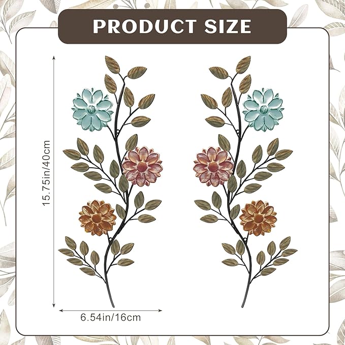 MorningRo 2 Pcs Metal Flower Leaves Wall Art Spring Wall Decor Living Room, 15.75 Inch Vintage Rustic Branch Leaf Wrought Iron Scroll Art Decor for Summer Bedroom Indoor Outdoor Decorations(Colorful)